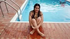 Play Blonde whore with small breasts doing oral sex at the edge of the pool